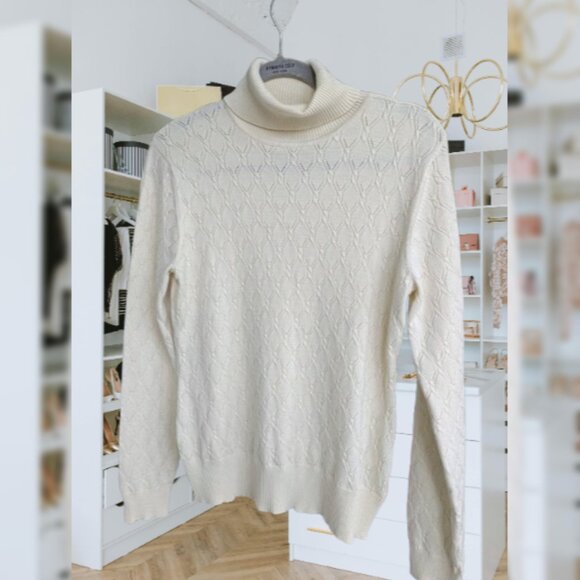 Originaire Pointelle Cream Turtlenec Sweater w/ Brass Button Detail Cottagecore - Picture 1 of 5
